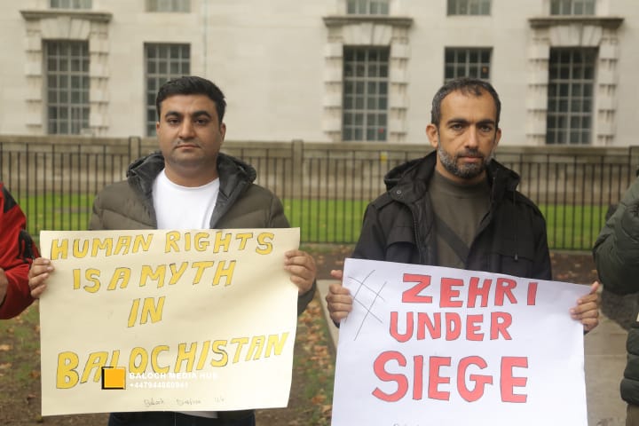 Baloch protest outside 10 Downing Street, London on 19 October 2025, demanding international action against Pakistan’s military operations in Zehri, Balochistan. Activists, including Aomar Karim, called for unity and an end to UK aid supporting human rights violations.