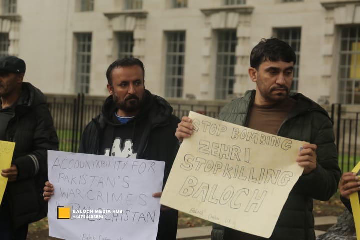 Baloch protest outside 10 Downing Street, London on 19 October 2025, demanding international action against Pakistan’s military operations in Zehri, Balochistan. Activists, including Aomar Karim, called for unity and an end to UK aid supporting human rights violations.