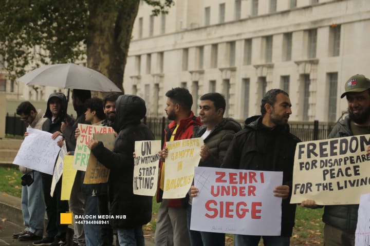 Baloch protest outside 10 Downing Street, London on 19 October 2025, demanding international action against Pakistan’s military operations in Zehri, Balochistan. Activists, including Aomar Karim, called for unity and an end to UK aid supporting human rights violations.