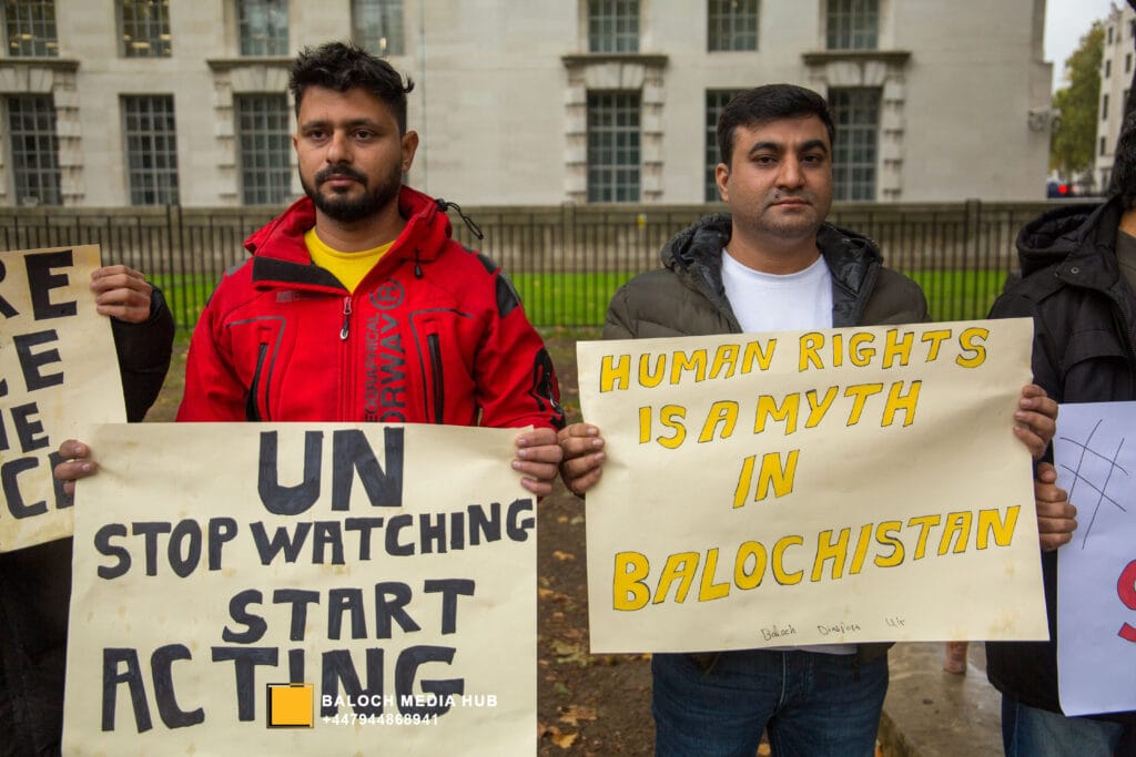 Baloch protest outside 10 Downing Street, London on 19 October 2025, demanding international action against Pakistan’s military operations in Zehri, Balochistan. Activists, including Aomar Karim, called for unity and an end to UK aid supporting human rights violations.