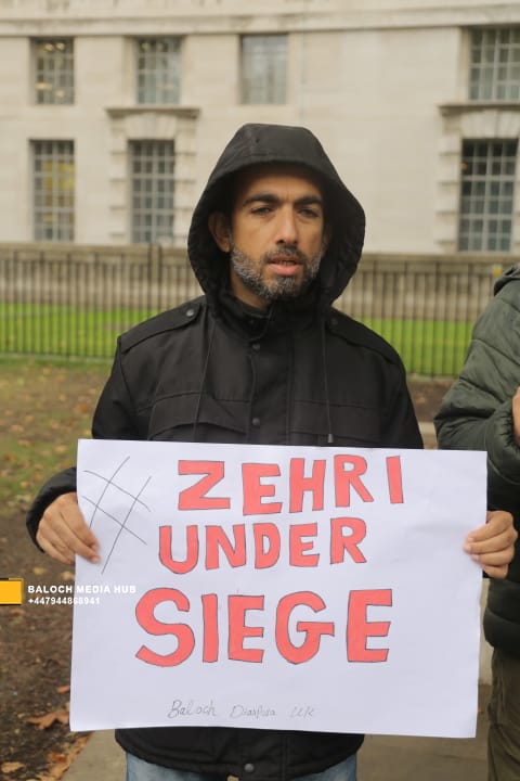 Baloch protest outside 10 Downing Street, London on 19 October 2025, demanding international action against Pakistan’s military operations in Zehri, Balochistan. Activists, including Aomar Karim, called for unity and an end to UK aid supporting human rights violations.