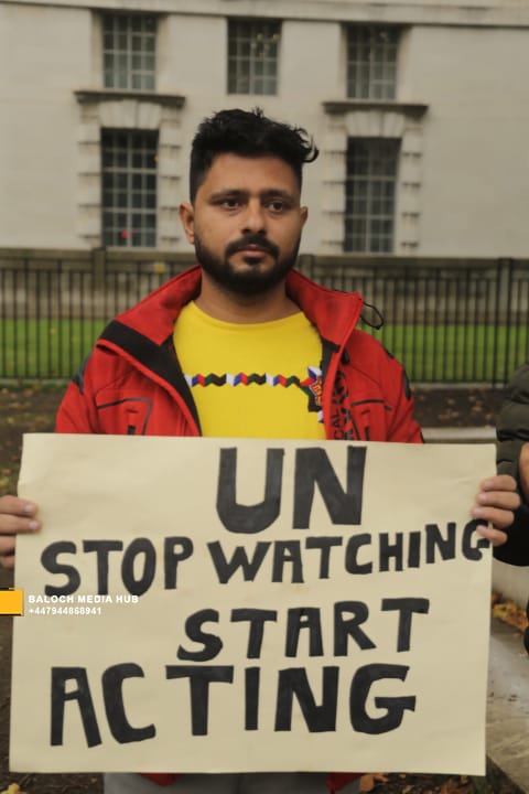 Baloch protest outside 10 Downing Street, London on 19 October 2025, demanding international action against Pakistan’s military operations in Zehri, Balochistan. Activists, including Aomar Karim, called for unity and an end to UK aid supporting human rights violations.