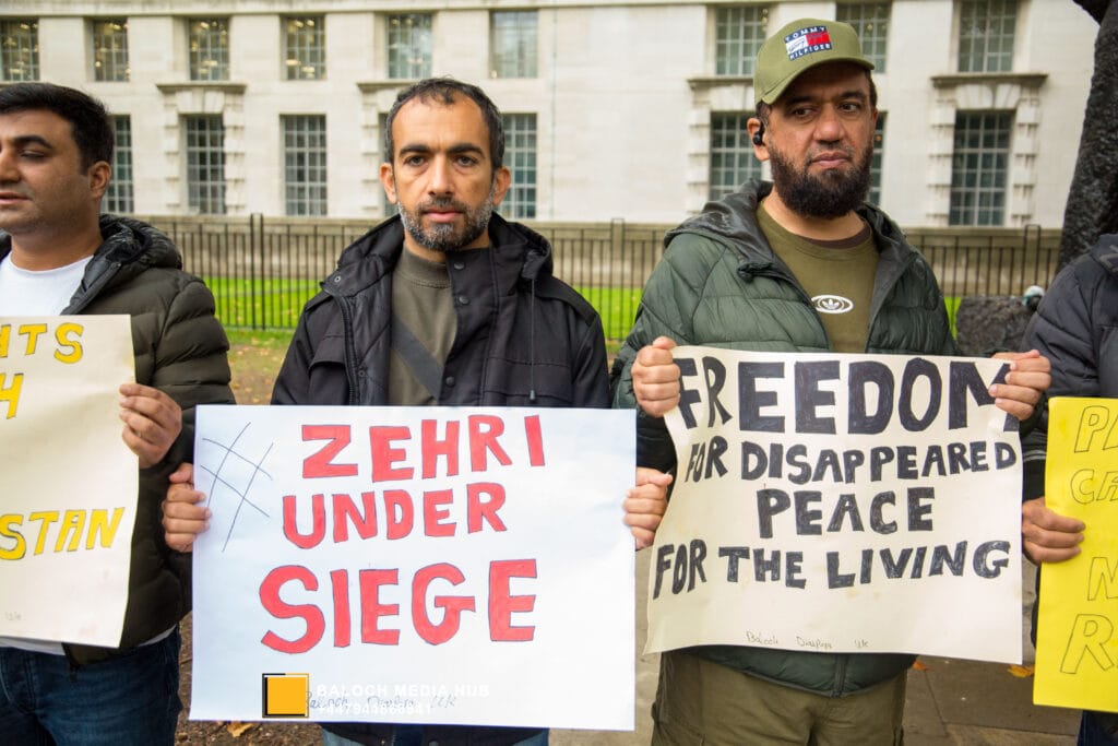 Baloch protest outside 10 Downing Street, London on 19 October 2025, demanding international action against Pakistan’s military operations in Zehri, Balochistan. Activists, including Aomar Karim, called for unity and an end to UK aid supporting human rights violations.