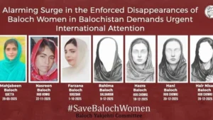 Graphic shared by the Baloch Yakjehti Committee showing Baloch women forcibly disappeared in Balochistan in 2025