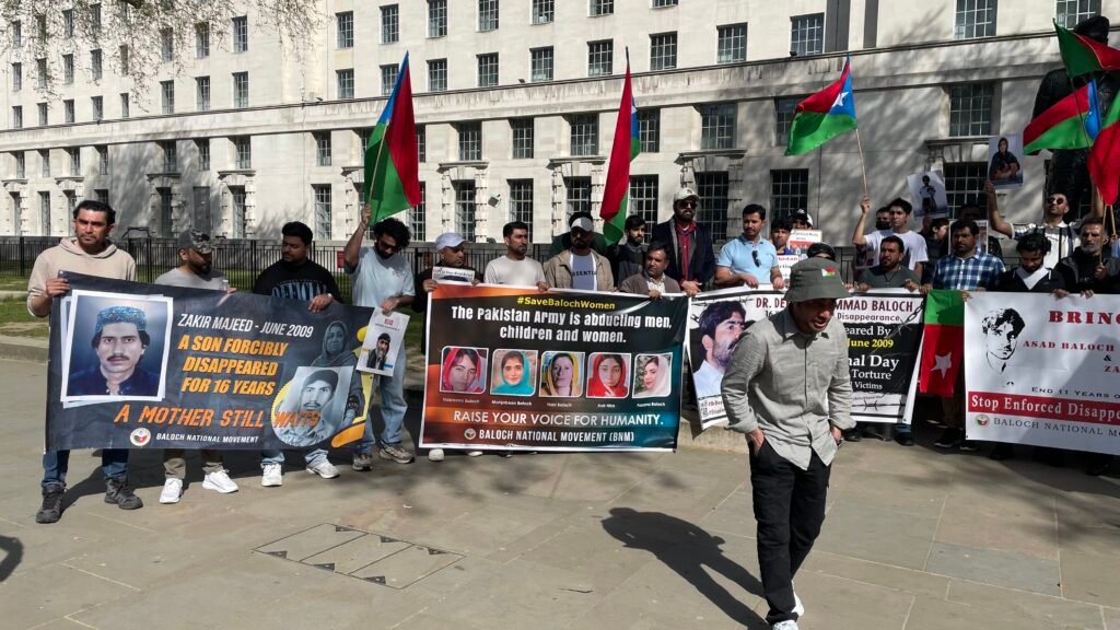 Baloch activists outside 10 Downing Street, London, during the Baloch National Movement UK Chapter protest on 8 April 2026.