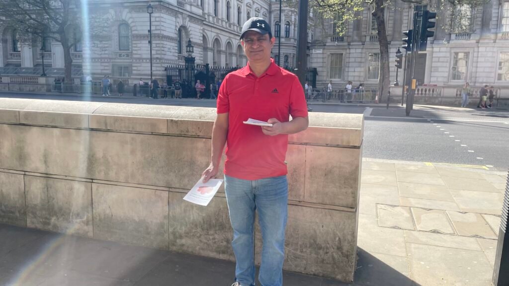 Baloch activists outside 10 Downing Street, London, during the Baloch National Movement UK Chapter protest on 8 April 2026.