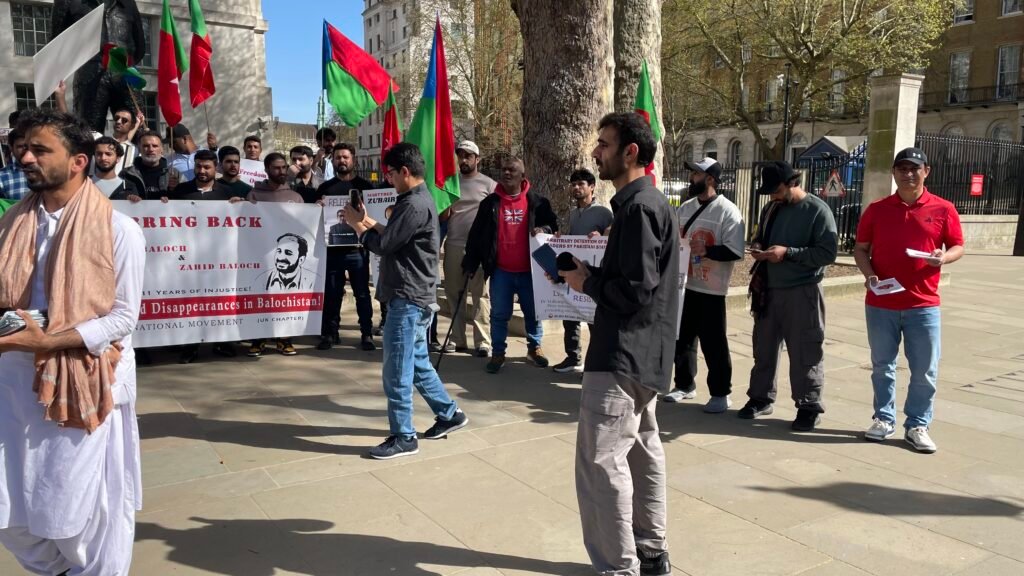 Baloch activists outside 10 Downing Street, London, during the Baloch National Movement UK Chapter protest on 8 April 2026.