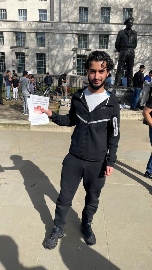 Baloch activists outside 10 Downing Street, London, during the Baloch National Movement UK Chapter protest on 8 April 2026.