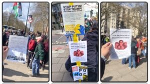Aomar Karim distributing Balochistan solidarity leaflets at London protest, 28 March 2026