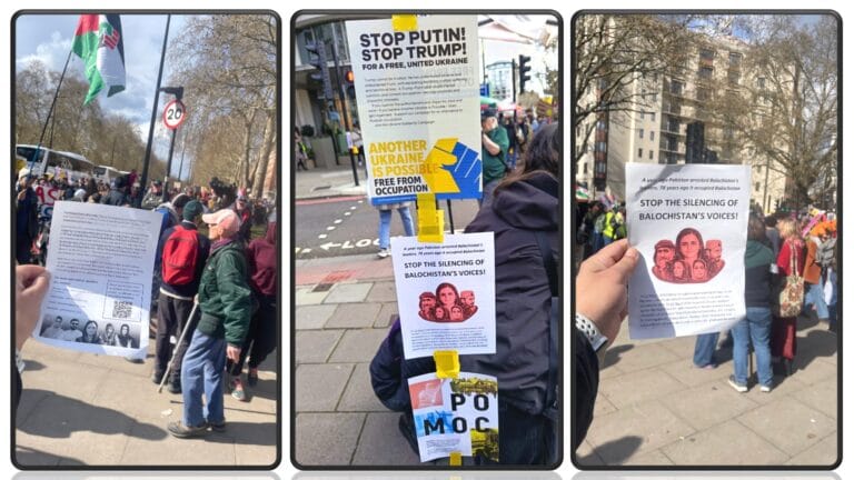 Aomar Karim distributing Balochistan solidarity leaflets at London protest, 28 March 2026