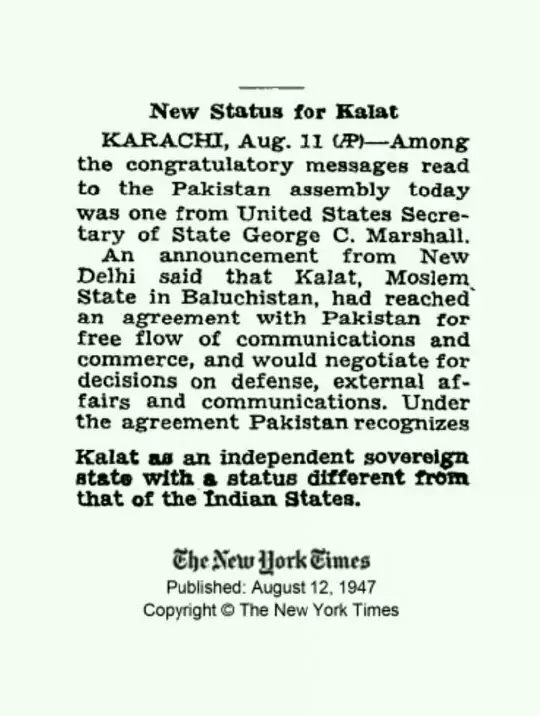 New Status for Kalat, New York Times 12 August 1947. 