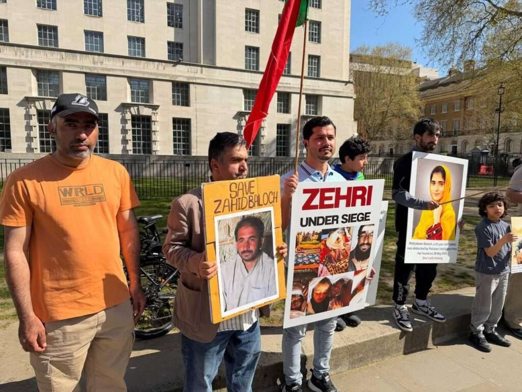Baloch activists outside 10 Downing Street, London, during the Baloch National Movement UK Chapter protest on 8 April 2026.